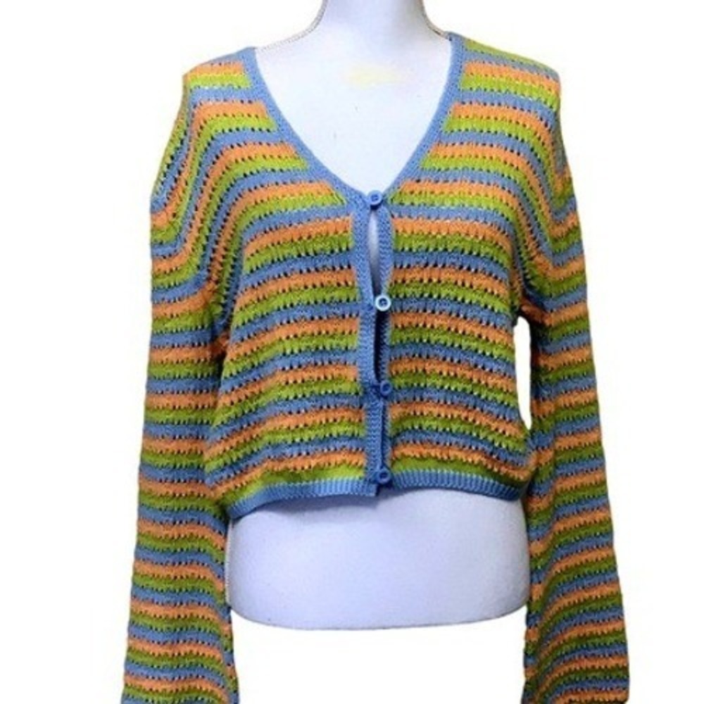Time After Time Cropped Cardigan Bell Sleeve Striped 100% Cotton Medium Boho
